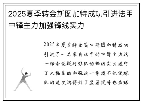 2025夏季转会斯图加特成功引进法甲中锋主力加强锋线实力 2025夏季转会斯图加特成功引进法甲中锋主力加强锋线实力